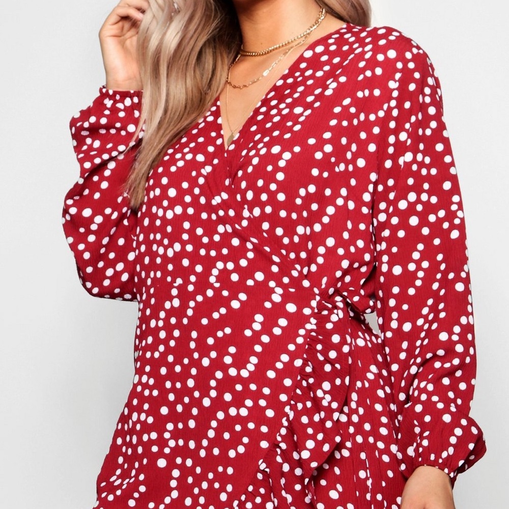 Boohoo Plus Ruffle Spot Wrap Dress